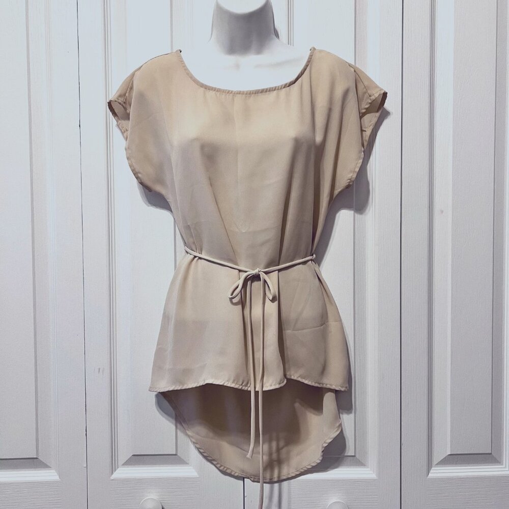 La Rpas Women's Short Sleeve Tie at waist Top-Casual-Neutral-Pleat-S-L-High low